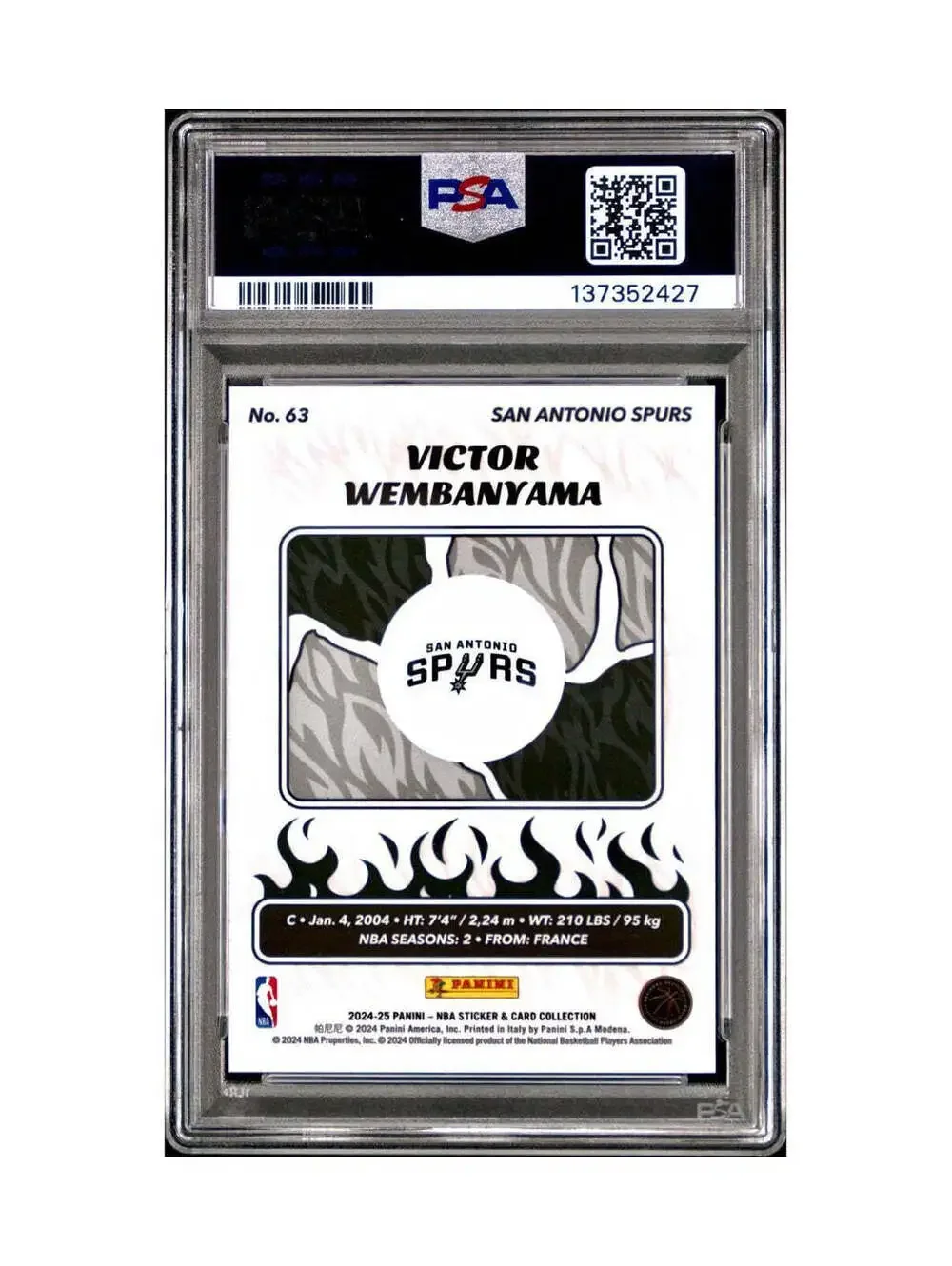 Victor Wembanyama 2024-25 Panini NBA #63 Sticker 42/75 Purple Foil PSA 7 NM